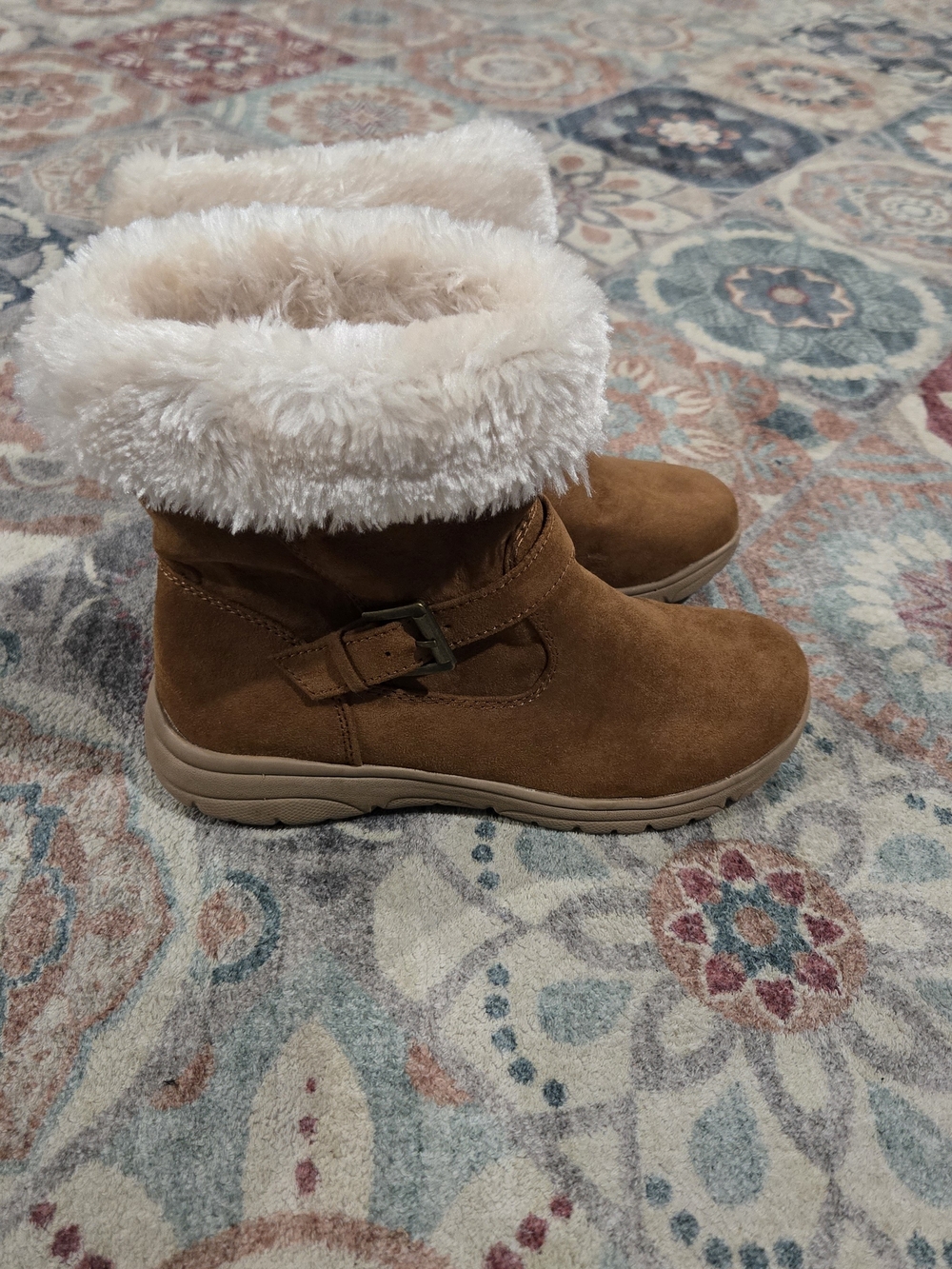 St. John's Bay Brown Cozy Faux Fur  Casual Cabin Buckle Ankle Boots 6